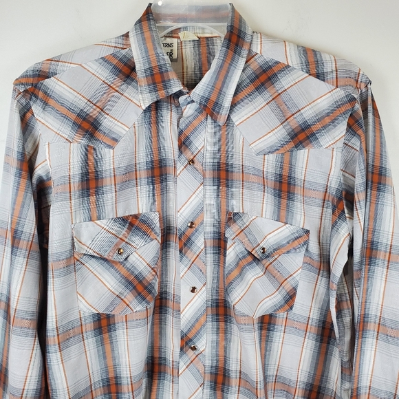 VTG 80s Champion Westerns Brown Plaid Western Pearl Snap Front Shirt Cowboy 16.5 - Picture 1 of 15